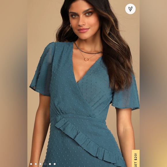 Lulu's Next to You Slate Blue Swiss Dot Ruffled Midi Dress - Picture 4 of 6